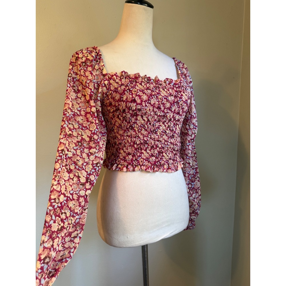 Japna Floral Smocked Crop Top Long Sleeve Ruffle boho whimsigoth M NWT cottage